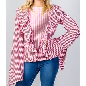 Ruffled front striped slit sleeve shirt
